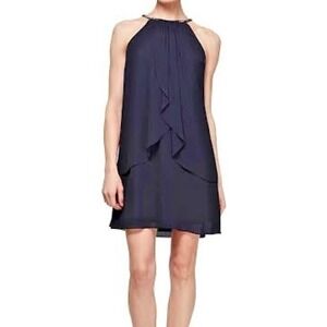 SLNY Navy Blue Beaded Halter Layered Chiffon Cocktail Dress 12P 413664 NEW